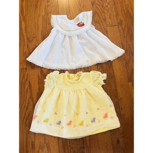 Vintage Baby Girl Dress Lot (2) Yellow Embroidered + White Strawberry Lace‎ 6M